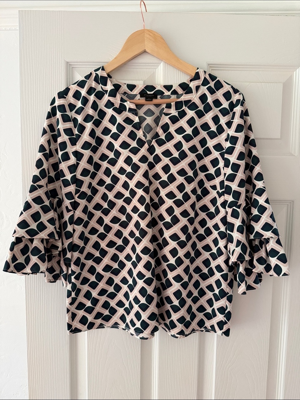 Ann Taylor Factory Cream and Black Geometric Ruffle-Sleeve Blouse